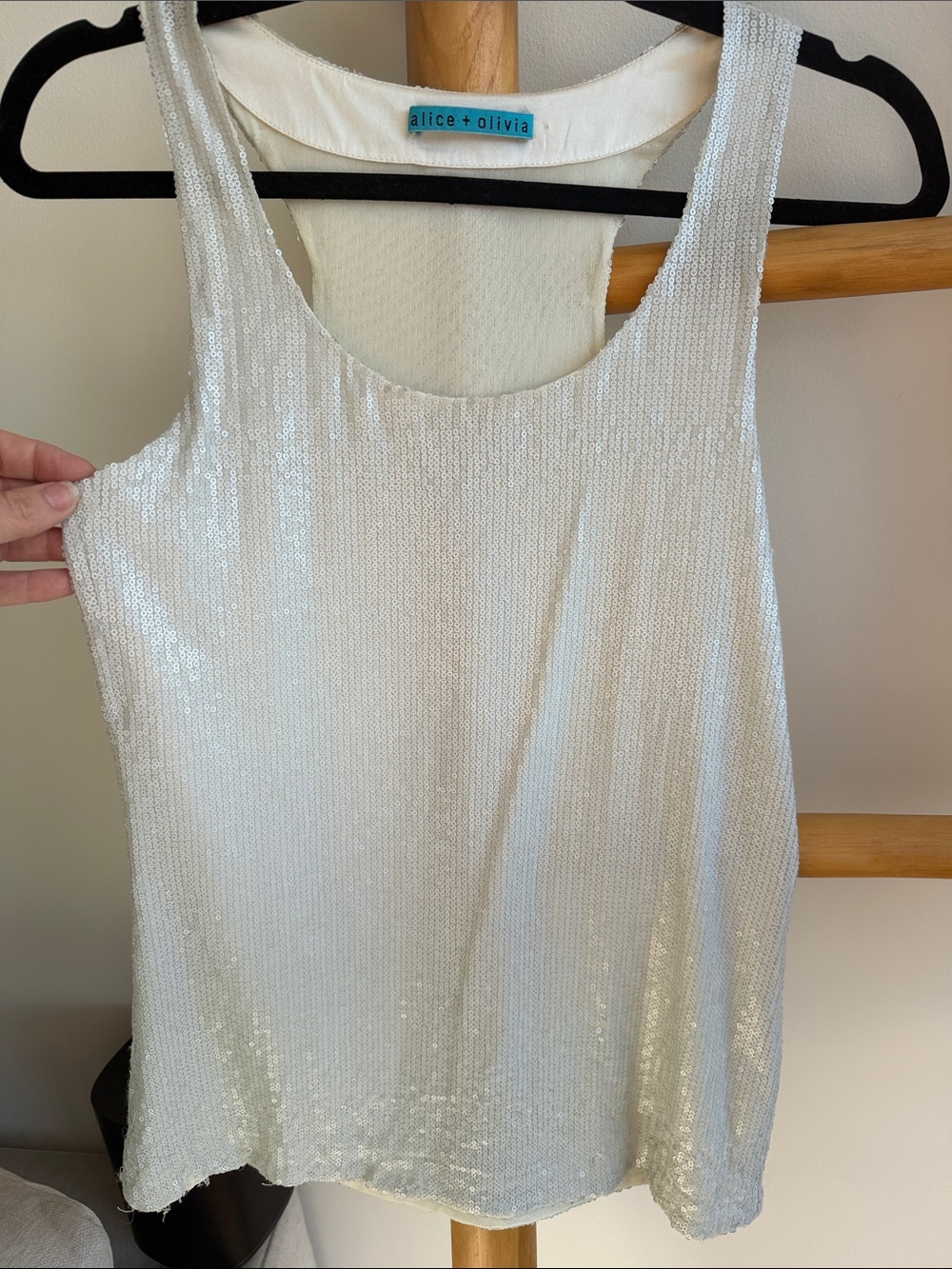 Alice + Olivia Ivory Sequin Tank Top — stretchy frosty gray. Small/medium.